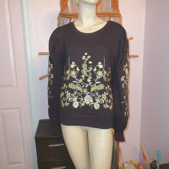 Gabrielle Union NY&C Embroidered Sweatshirt Size M Puff Sleeves Metallic Boho - Picture 1 of 11